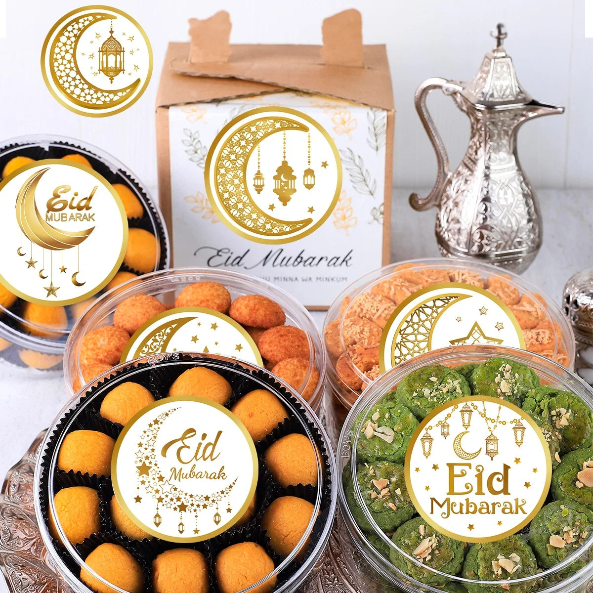 500Pcs Eid Mubarak White & Gold Stickers – Perfect for Ramadan & Islamic Party Decorations - Arabic Vibes by Rolla