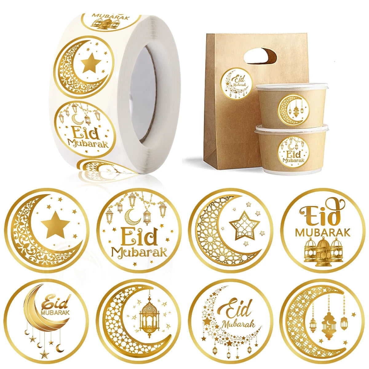 500Pcs Eid Mubarak White & Gold Stickers – Perfect for Ramadan & Islamic Party Decorations - Arabic Vibes by Rolla